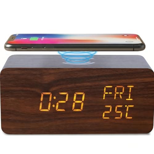 Image of Alarm Clock Bedside Wireless Charger 2-in-1, 15W Fast Wireless Charging Alarm Clock Sound Control, LED Display with Temperature & 3 Brightness Levels, Smart Digital Clock for Bedroom/Office/Dorm