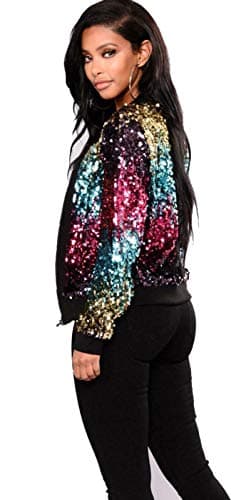 Image of Cray Girls Womens Ladies Sequin Bomber Jacket Zip Up Stylish Party Bling Baseball Biker Coat Outwear UK 8-18 (12-14, Rainbow)
