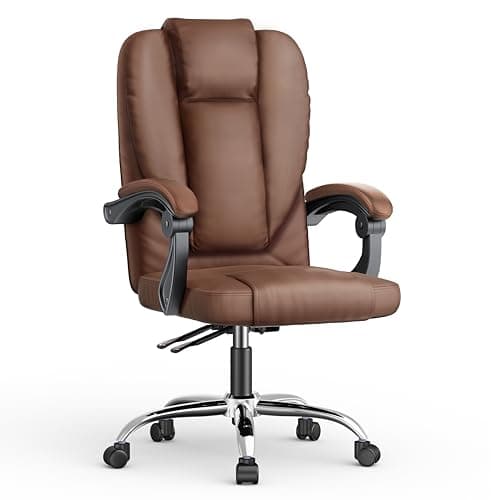 Image of naspaluro Executive Ergonomic Office Desk Chair with Springs/Armrests, Comfy Big Tall PU Leather Computer Work Chair, Heavy Duty Cross Legged Study Chairs, High Back Home Office Swivel Brown Chair
