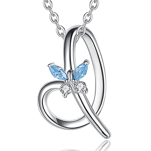 Image of EUDORA Initial Butterfly Necklace 925 Sterling Silver I Alphabet Letter Personalised Pendant Necklaces with Blue Cubic-Zirconia Gifts for Women Ladies Girls Mother's day, 18 inches Chain