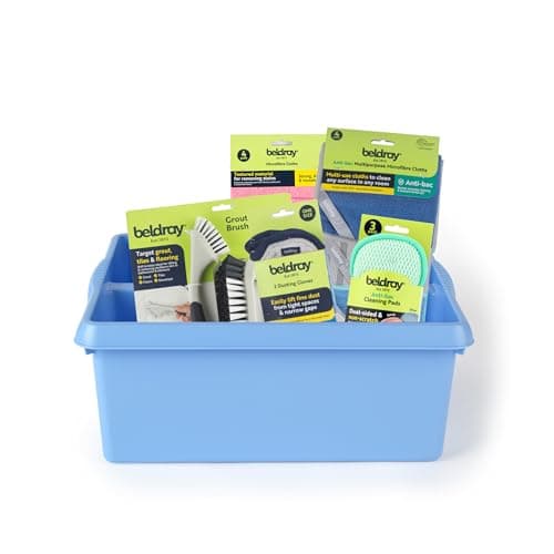 Image of Beldray 6-Piece Cleaning Bundle – Includes Storage Caddy with 8 Microfibre Cloths, 3 Cleaning Pads, Dusting Gloves, Grout Brush and Scrubbing Brush, Kitchen/Bathroom Cleaning