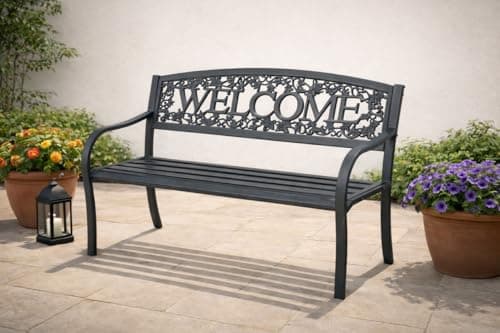 Image of GardenCo 2 Seat Welcome Garden Bench - Indoor and Outdoor Metal Iron Furniture in Matt Anthracite