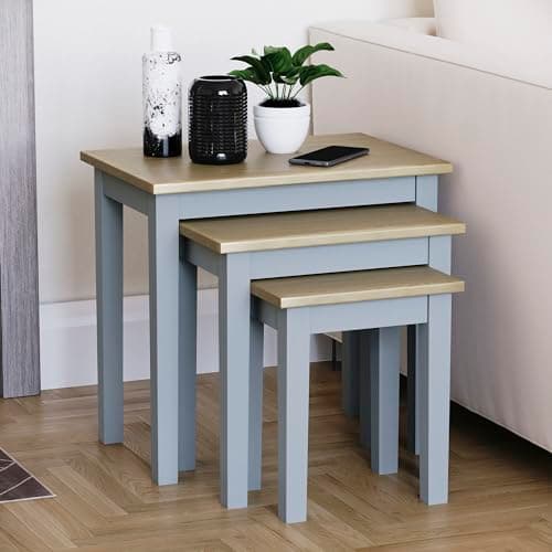 Image of Vida Designs Yorkshire Nest of 3 Tables for Living room, Stacking Side Tables, Sturdy and Easy Assembly (Oak & Grey)