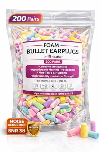 Image of Heather UK Safe Soft Foam Bullet Earplugs - 200 Pairs - Noise Cancelling Ear Plugs for Sleep, Snoring, Studying, Motorcycle, Swimming - Disposable Foam Earplugs for Adults
