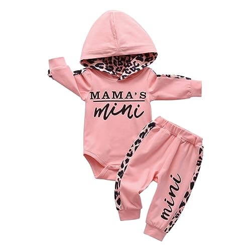 Image of Kumsolu Baby Girl Clothes Outfit Leopard Print Long Sleeve Hooded Tops + Pants Pink 3-6M