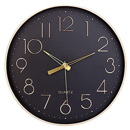 Image of Topkey Black Wall Clock 12" Silent Non Ticking Arabic Numeral Clock Round Decorative Wall Clock for Living Room, Bedroom, Kitchen (Battery Not Included) Gold Numbers