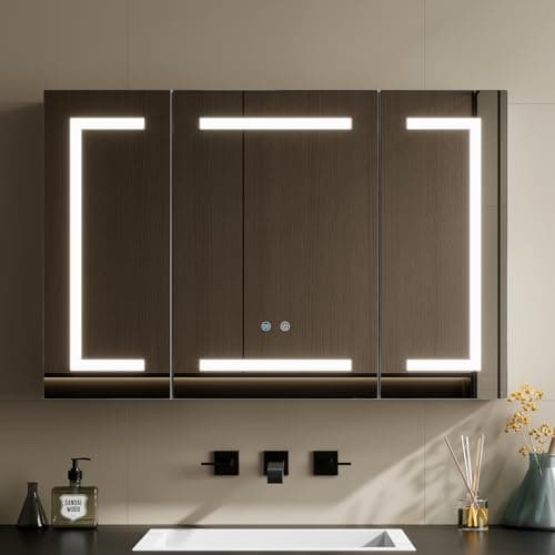 Image of Warmiehomy Bathroom Mirror Cabinet with Lights,90x60cm 3-color Dimmable LED Illuminated Bathroom Mirror Cabinets with Shaver Socker Defogger Touch Switch Three Door,White Frame