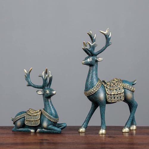 Image of 2 Pieces Christmas Reindeer Figurines Decor Nordic European Style Deer Statue Fireplace Window Desk Bedroom Shelf Ornament for Home Living Room Office Decoration (Dark Green,Medium)