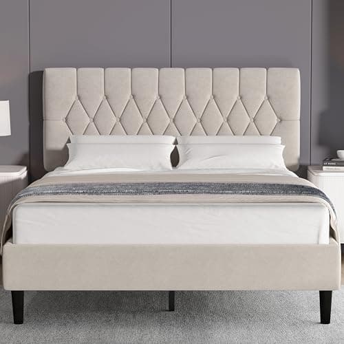 Image of Blisswood 4ft6 Double Bed Frame Noise-Free Upholstered Platform Bed WithTufted Adjustable Headboard/Velvet Fabric Double Bed/Sturdy Wooden Slats Support & Under Bed Storage, 4ft6 Double Bed Beige