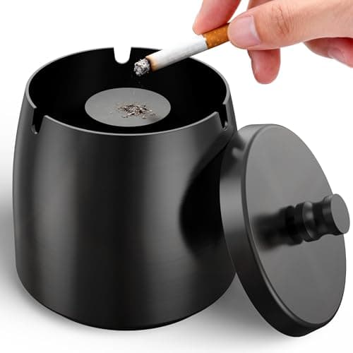 Image of Black Ashtray with Lid, Stainless Steel Ash Tray for Outside Smell Proof Metal Ash Holder Windproof for Outdoor Patio Garden Home Bar Balcony Office Decoration