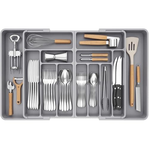 Image of Lifewit Extra Large Cutlery Drawer Organsier, Extendable Utensil Tray for Kitchen, Silverware and Flatware Holder, Compact Plastic Storage for Spoons Forks Knives, 54-91x43cm, 13 Sections, Grey
