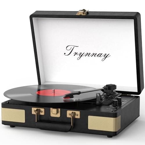 Image of Trynnay Record Player 3 Speed Bluetooth Portable Suitcase Vinyl Player with Built-in Speakers Turntable Enhanced Audio Sound Waxed Leather Vintage Black