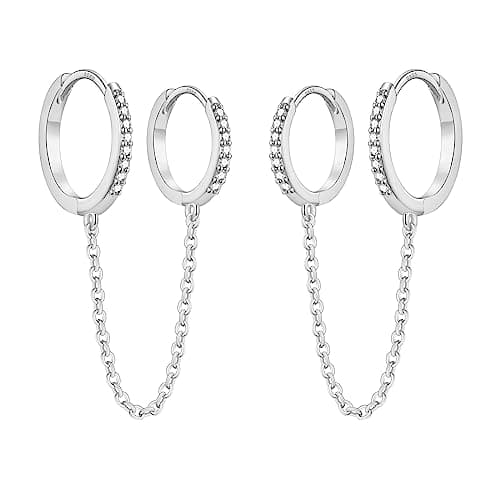 Image of Chain Earrings for Women - 925 Sterling Silver Hoop Double Piercing Earrings CZ Huggie Hoop Earrings Set with Cubic Zirconia Tassel Drop Link Cuff Cartilage Helix Earring for Teen Girls Jewellery Gift