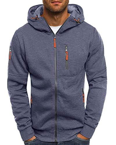 Image of VANVENE Mens Zipped Hoodie Fleece Pullover Hooded Sweatshirt Jackets With Zip Pockets Jumper Tops Sweater Grey L