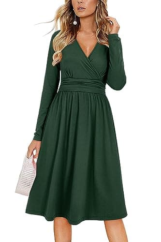 Image of OUGES Women's Fall Long Sleeve V Neck Dark Green Wedding Guest Dress with Pockets Ladies Midi Dress for Winter(Dark Green,XXL)