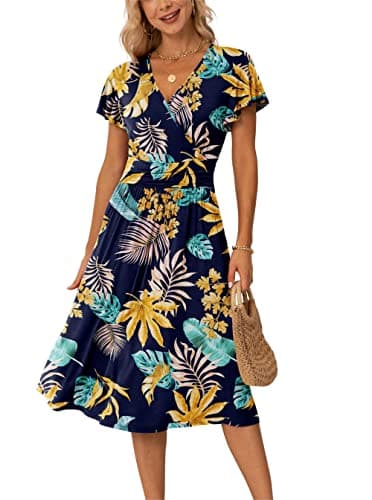 Image of GRECERELLE Womens Summer Wrap Dress Ladies Casual Ruffle Short Sleeve V-Neck Floral Beach Dresses for Women (FP Yellow Green Leaf, L)