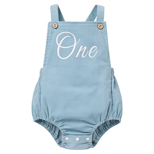 Image of Baby Girls Boys 1st First Birthday Smash Cake Outfit Corduroy Bubble Romper Button Strap Criss Cross Back Bodysuit Bib Overall Jumpsuit Playsuit One Year Old Party Fall Winter Clothes Blue 12-18M