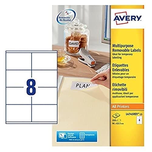 Image of Avery Removable Multi‑Purpose Labels, 96 x 63.5 mm, 8 per Sheet, 600 Blank Labels, White (L4745REV-25) – Strong Adhesion, Easy to Remove, Multi‑Surface, Printable & FSC® Certified