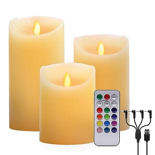 Image of LED Real Wax Candle Lights, 3 Pack Warm White Plus Multicolor Flameless Real Wax USB Charging Electric LED Moving Wick Flickering Candle Lights with Remote Control Timer for Decoration, Wedding