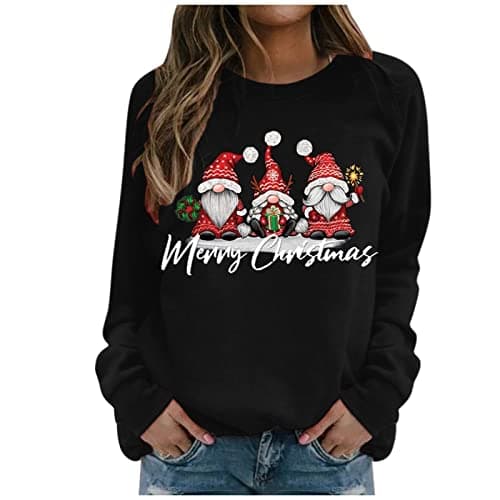 Image of Christmas Jumpers For Women Novelty Christmas Tree Gonk Elf Gnome Doll Print Xmas Sweatshirts Casual Loose Round Neck Fit Tunic Pullover Fleece Sweater Blouse Comfortable Warm Hoodies (12-Black, XXXL)