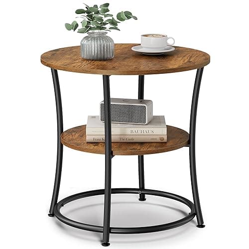 Image of VASAGLE Side Table, End Table with 2 Shelves, Small Round Table for Living Room, Bedroom, Easy Assembly, Steel Frame, Industrial, Rustic Brown and Ink Black LET56BX