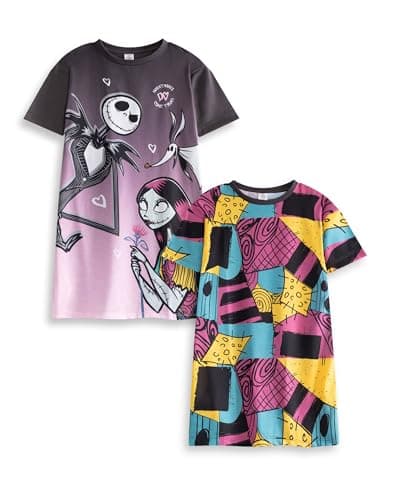 Image of Disney The Nightmare Before Christmas Girls Multi-Pack of 2 Short Sleeve Nightdress | Jack Skellington & Sally Cartoon Print | Retro Sleepwear for Kids Merch - 3-4 Years