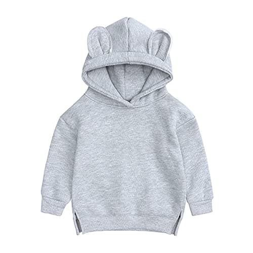 Image of Toddlers Boys Girls Cute Bear Hooded Sweatshirt Infant Fleece Pullover Hoodie Casual Solid Color Warm Girl Baby Clothes Infant Soft Cotton Clothes (Grey, 12-24 Months)