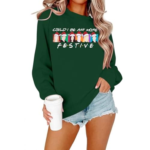 Image of FASHGL Christmas Friends Sweatshirt Women Funny Cartoon Graphic Pullover Top Christmas Movie Shirt Xmas Party Long Sleeve Tee, Green, XL