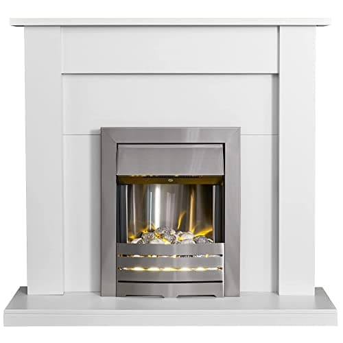 Image of Adam Sutton Fireplace in Pure White with Helios Electric Fire, Brushed Steel, 43 Inch