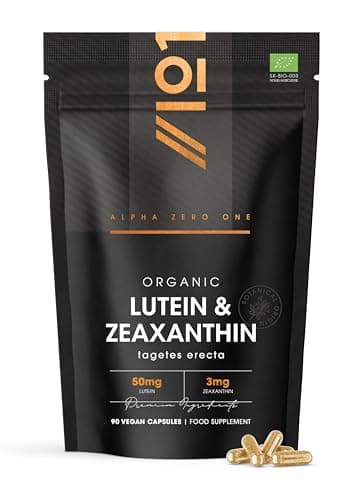 Image of Organic Lutein & Zeaxanthin – 50mg Lutein & 3mg Zeaxanthin from Organic Marigold Flower Extract – 90 Vegan Capsules – Resealable and Recyclable Pouch by Alpha01