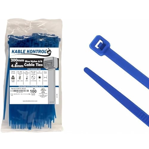 Image of Kable Kontrol Blue Cable Ties, 200 mm x 4.8 mm, Pack of 100, 8" Premium Nylon Zip Ties, Multi-Purpose Plastic Tie Wraps, Secure Self-Locking Mechanism, for Home, Garden, Office and DIY