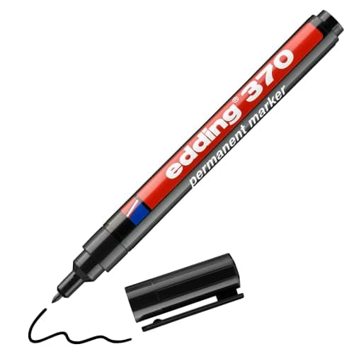 Image of edding 370 permanent marker - black - 1 pen - fine round nib 1 mm - waterproof, quick-drying - multi-purpose marker, universal pen - for cardboard, plastic, wood, metal, glass, pebbles, canvas