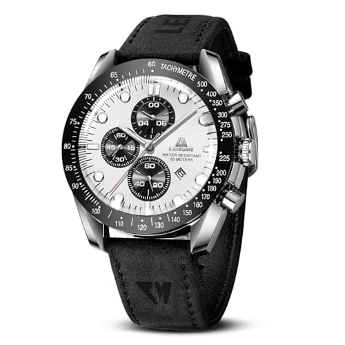 Image of LN LENQIN Mens Watches Analog Quartz Watch for Men Casual Fashion Business Waterproof Men's Wrist Watches with Leather Strap (Black White)