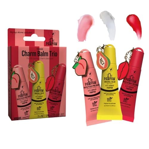 Image of Dr.PAWPAW Charm Balm Original, Peach, and Red Trio 3 x 10ml, Hydrating Tinted Lip Balm Set with Pawpaw, Lightweight Vegan Lip Care for Soft Smooth Glossy Lips