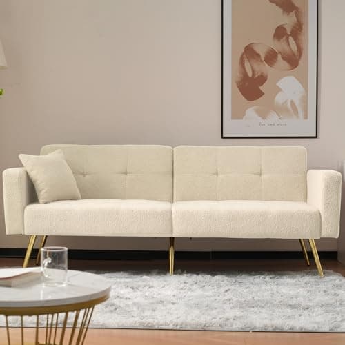 Image of Merax Sofa Bed 2 Seater, 3-Gear Back Angle Adjustable Foldable Futon Sofa Couch, Convertible Sofabed Settee with 2 Bolster Pillows, Side Pockets, 176 * 64 * 75cm, Beige/Sherpa