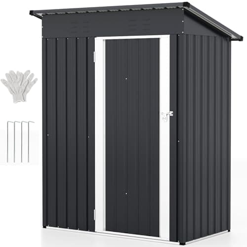 Image of GiantexUK 5x3FT Metal Garden Shed, Galvanized Outdoor Storage Shed with 2 Air Vents, Lockable Door & Slope Roof, Utility Tool House Building for Backyard Patio Garbage Bike (153x91x181cm, Grey+White)