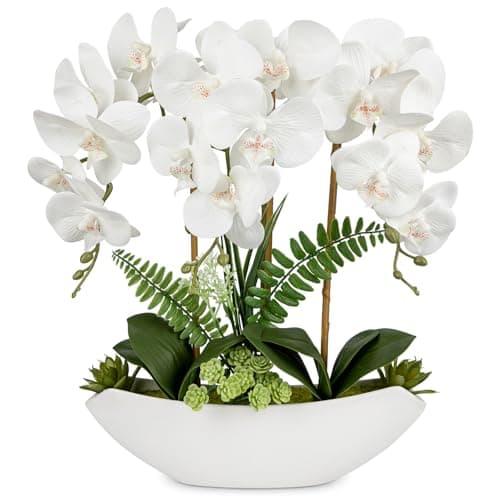 Image of Oairse 18" Orchid Artificial Flowers White Fake Orchid Silk Flowers with Ceramic Pot Large Faux Phalaenopsis Arrangement for Home Office Room Living Room Coffee Table Centerpiece Decoration
