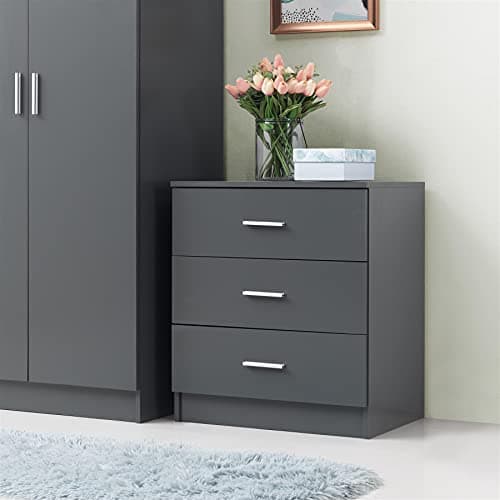 Image of Timber Art Design UK Rio Costa 3 Drawer Bedroom Chest of Drawers with Chrome Metal Handles & Runners Storage Organiser Unit for Hallway Living Room Bedside Cabinet - Dark Grey, H69 x W60 x D40 cm