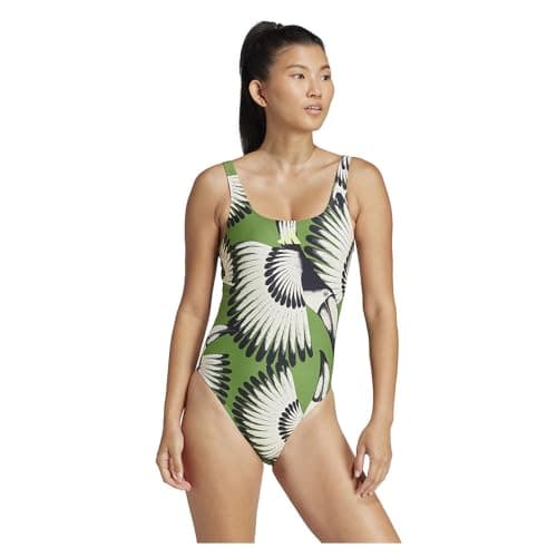 Image of adidas Women's x Farm 3-Stripes Swimsuit Swimwear, CREGRN/BOPINK, 36