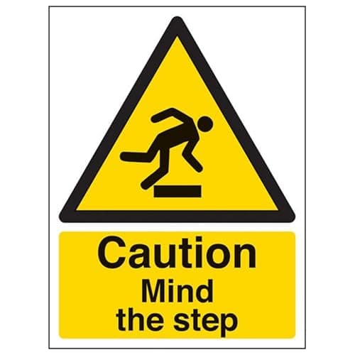 Image of V Safety Caution Mind The Step Warning Sign - 150mm x 200mm - 1mm Rigid Plastic