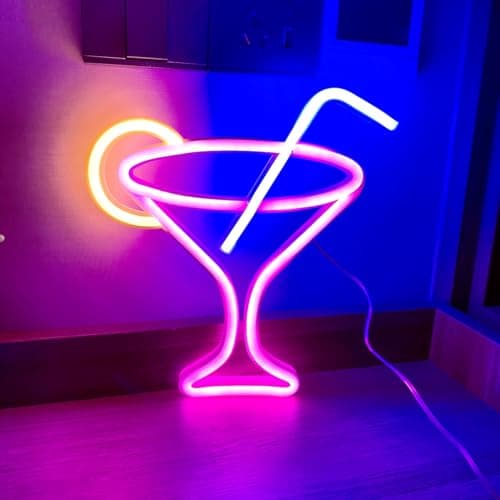Image of Pink Neon Sign, LED Wine Glass Light - Battery and USB Powered Bar Night Light for Wall Decor, Cocktail Lamp for Club, Restaurant, Shop