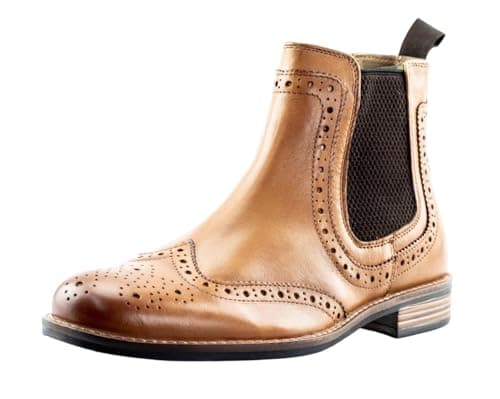 Image of Men's Leather Brogue Chelsea Ankle Boots with Twin Gussets, Slip-On (Tan, UK Footwear Size System, Adult, Men, Numeric, Medium, 11)