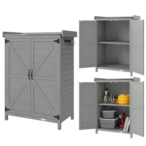 Image of Outsunny Wooden Garden Shed, Garden Tool Storage Shed with Shelf and Side Hooks, Outdoor Storage Cabinet with Double Doors, 71.5 x 39 x 95 cm, Grey