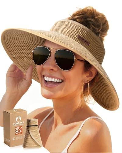 Image of FURTALK Sun Visor Hat for Women Wide Brim Straw Roll-Up Ponytail Summer Beach UV UPF80+ Packable Foldable Travel, Pure Khaki