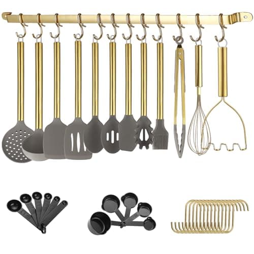Image of Gold Kitchen Utensils Set, Kyraton 38 Piece Silicone Kitchen Cooking Utensils Set with Utensil Rack, Spoon Spatula Set, Non-Stick Kitchen Gadgets, Dishwasher Safe