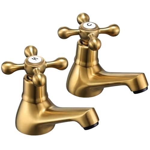 Image of Wasserrhythm Basin Pillar Taps Pair Twin Bathroom Sink Taps Brushed Gold Victorian Traditional Brass Cross Lever Two Wash Basin Taps Hot and Cold Tap Separate Cloakroom Faucets 2 Holes