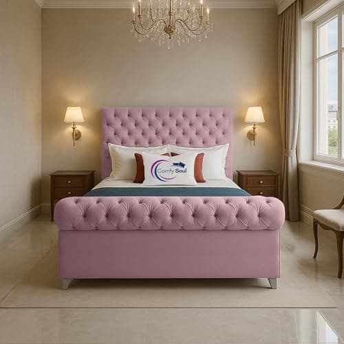 Image of Comfy Soul Kensington Upholstered Bed - Plush Velvet Headboard & Footboard - Slats Base - Memory Orthopedic Mattress - Luxury Bed (Pink, Single 3ft - Slats Base, Without Mattress)