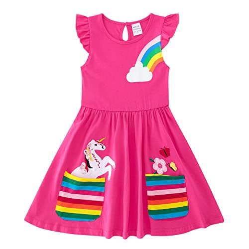 Image of SFreeBo Rainbow Dress for Girls Cotton Sleeveless T-Shirt Dress with Large Stripe Pockets Girls Party Dresses 6-7 Years Kids Unicorn Flower Embroidery Sundress