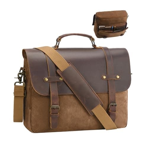 Image of Mens Messenger Bag Waxed Canvas Laptop Briefcase 16“ Vintage Genuine Leather Crossbody Bags Waterproof Satchel Shoulder Bag, Coffee, L