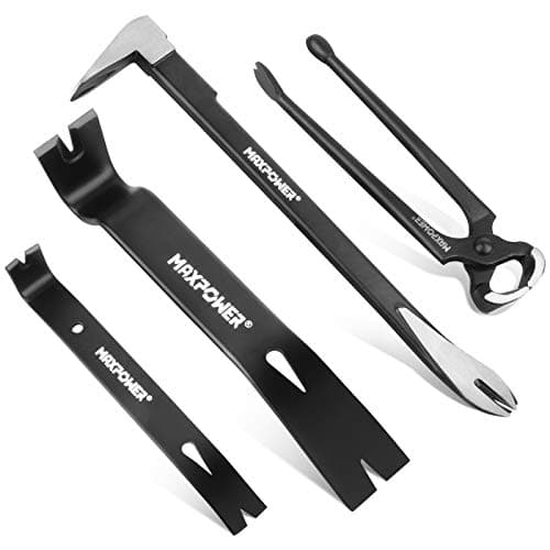 Image of MAXPOWER Pry Bar/Nail Puller Set 4-Piece, 300mm Crowbar Claw Nail Puller, 260mm Wonder Pry Bar Wrecking Bar, 190mm Mini Utility Bar and 250mm Carpenters Pincer